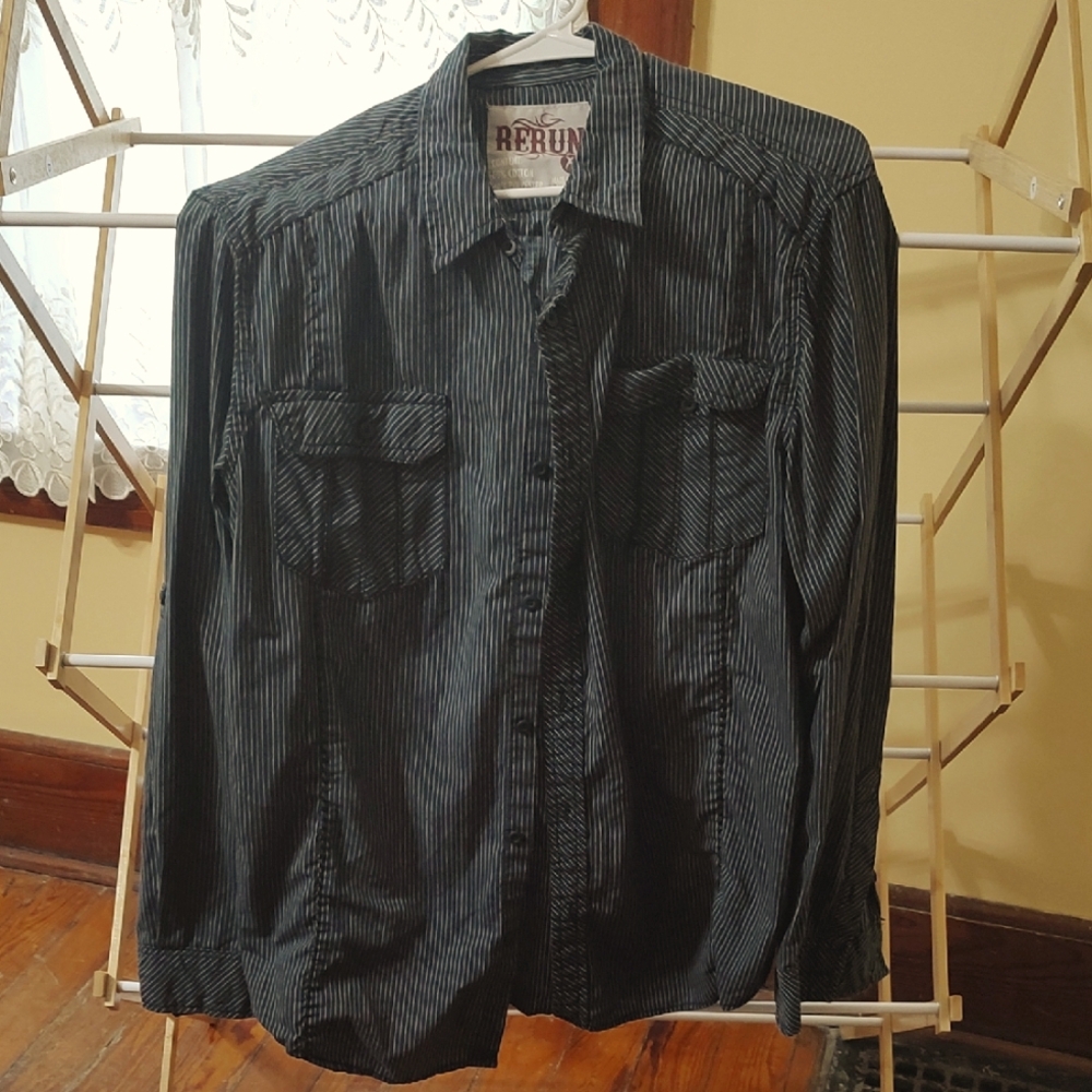 Blue With White Striped Button-Up Shirt